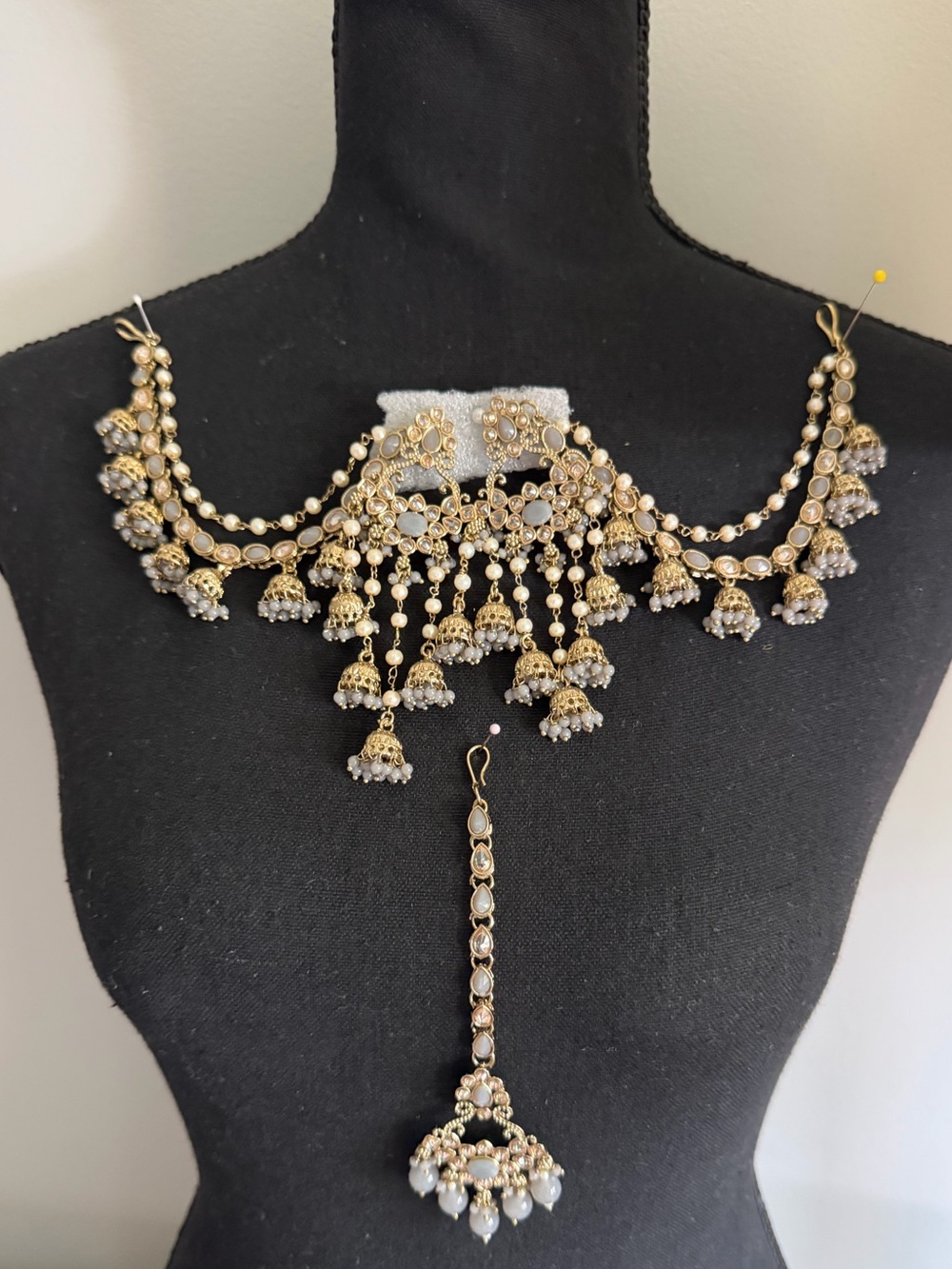Gold and gray Bridal Sahara earring tikka set - Women Jewelry